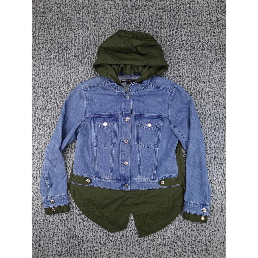 Veronica Beard Mixed Media Denim Nylon Jacket Womens M Blue Olive J21027750908WF